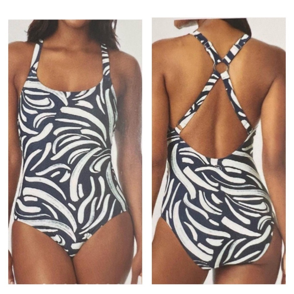 Hurley One‎ Piece Racerback Navy & White Print Swimsuit Women’s SZ XXL